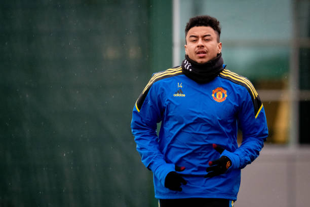 Jesse Lingard of Manchester United in action during a first team training session at Carrington Training Ground on December 07, 2021 in Manchester,...