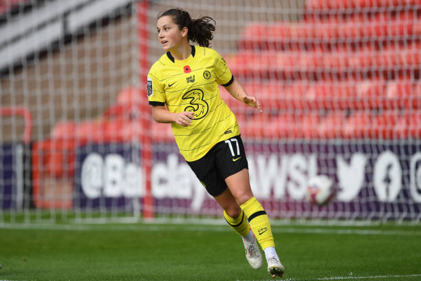 Jessie Fleming of Chelsea celebrates after scoring her team's first goal during the Barclays FA Women's Super League match between Aston Villa Women...