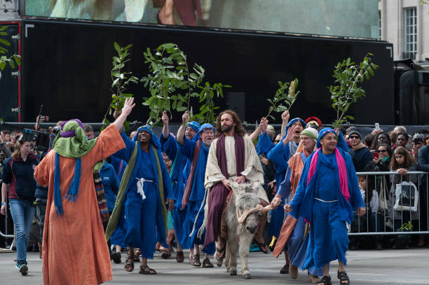 Jesus, played by James Burke-Dunsmore enters the city on a donkey during the annual play of The Passion of Jesus by Wintershall on The occasion of...