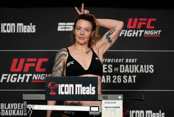 Joanne Wood of Scotland poses on the scale during the UFC Fight Night official weigh-in at the Renaissance Hotel on March 25, 2022 in Columbus, Ohio.