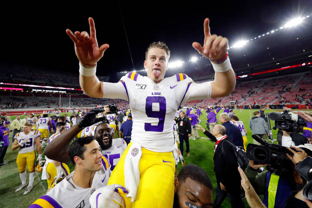 Joe Burrow of the LSU Tigers celebrates defeating the Alabama Crimson Tide 46-41 at Bryant-Denny Stadium on November 09, 2019 in Tuscaloosa, Alabama.