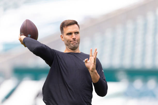 Joe Flacco of the Philadelphia Eagles warms up prior to the preseason game against the New England Patriots at Lincoln Financial Field on August 19,...