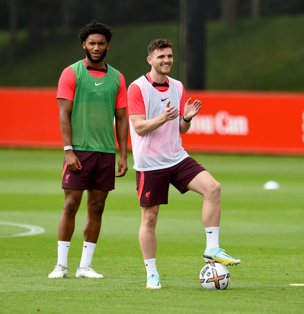 Joe Gomez and Andy Robertson of Liverpool during a training session at AXA Training Centre on August 04, 2022 in Kirkby, England.