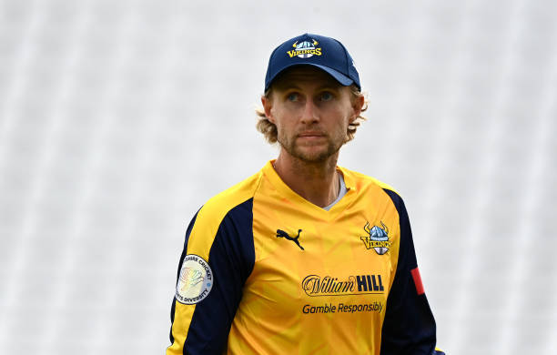 Joe Root of Yorkshire Vikings looks on during the T20 Vitality Blast 2020 match between Notts Outlaws and Yorkshire Vikings at Trent Bridge on August...