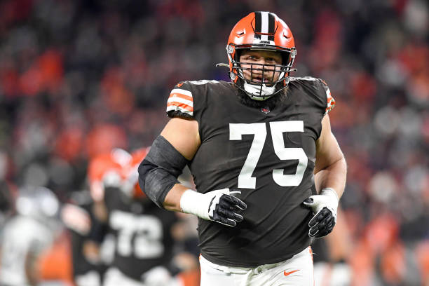 Joel Bitonio of the Cleveland Browns runs off the field at halftime against the Las Vegas Raiders at FirstEnergy Stadium in Cleveland, Ohio.