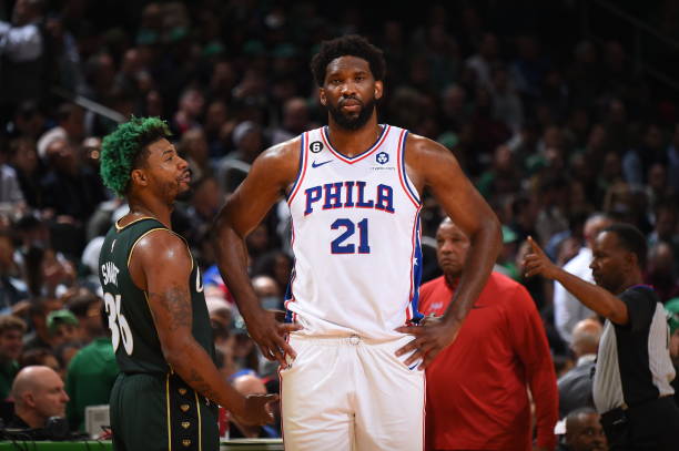 Joel Embiid of the Philadelphia 76ers looks on during the game against the Boston Celtics on October 18, 2022 at the TD Garden in Boston,...