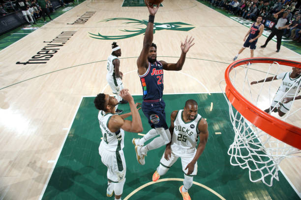 Joel Embiid of the Philadelphia 76ers shoots the ball during the game against the Milwaukee Bucks on February 17, 2022 at the Fiserv Forum Center in...