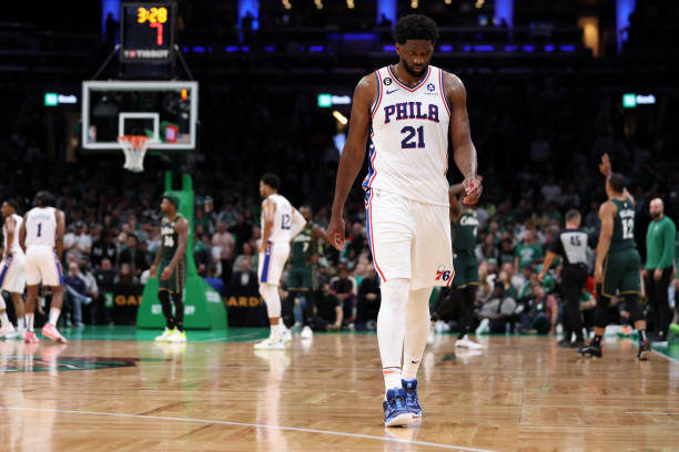 Joel Embiid of the Philadelphia 76ers walks off of the court during a timeout during the second half against the Boston Celtics at TD Garden on...