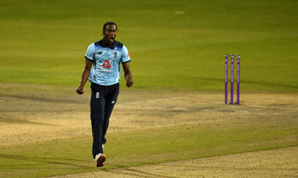 Jofra Archer of England celebrates the wicket of Mitchell Marsh of Australia during the 2nd Royal London One Day International Series match between...
