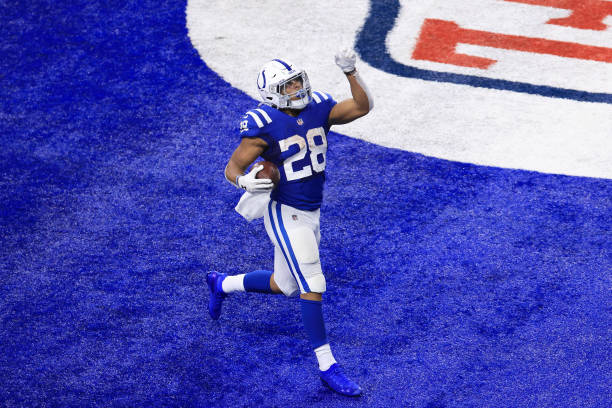 Jonathan Taylor of the Indianapolis Colts in action in the game against the Green Bay Packers at Lucas Oil Stadium on November 22, 2020 in...