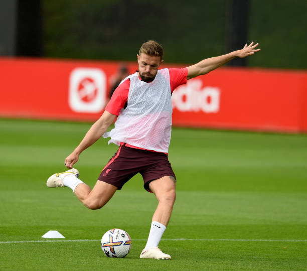 Jordan Henderson captain of Liverpool during a training session at AXA Training Centre on August 04, 2022 in Kirkby, England.