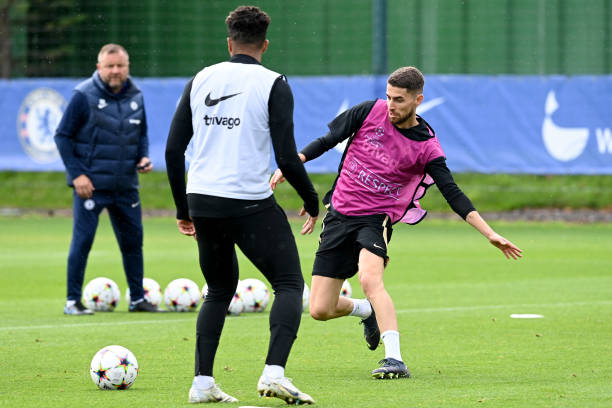 Jorginho of Chelsea during a training session ahead of their UEFA Champions League group E match against FC Salzburg at Chelsea Training Ground on...