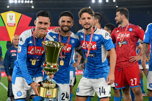 José Maria Callejon Lorenzo Insigne and Dries Mertens of SSC Napoli celebrating with the trophy the winning of the Coppa Italia after the Coppa...