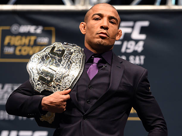 Jose Aldo of Brazil poses for photos during the UFC Press Conference inside MGM Grand Garden Arena on December 9, 2015 in Las Vegas, Nevada.