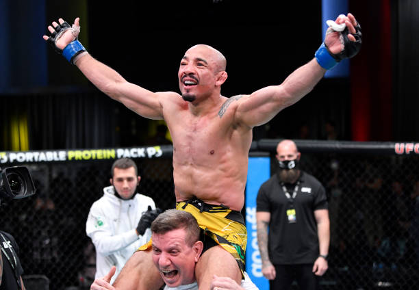 Jose Aldo of Brazil reacts after his victory over Rob Font in their bantamweight fight during the UFC Fight Night event at UFC APEX on December 04,...