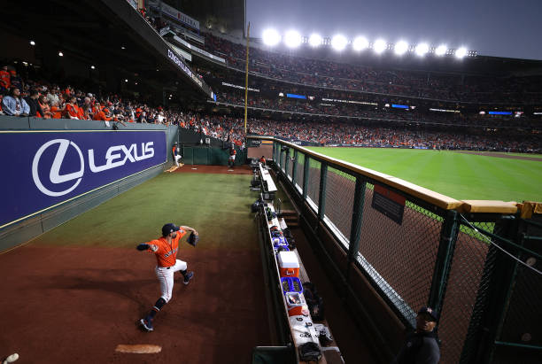 Jose Urquidy of the Houston Astros warms up in the bullpen prior to Game Two of the World Series against the Atlanta Braves at Minute Maid Park on...
