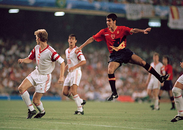 Josep Guardiola of Spain shoots for goal during the final of the football competition at the 1992 Summer Olympics at the Camp Nou in Barcelona, Spain on 8th August 1992. Spain would go on to win the final 3 - 2 to claim the gold medal in the tournament. 