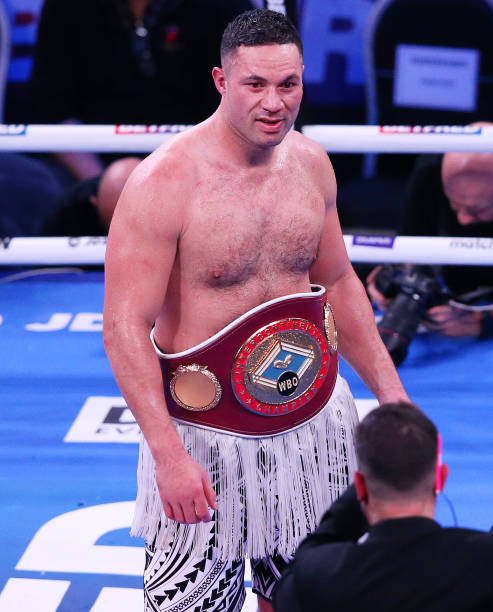 Joseph Parker celebrates victory with the WBO Intercontinental belt after the WBO Intercontinental Heavyweight Title fight between Joseph Parker and...