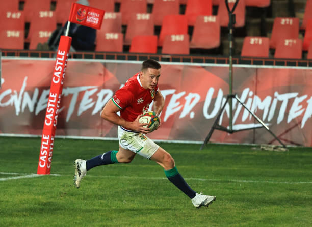 JOHANNESBURG, SOUTH AFRICA - JULY 03: Josh Adams of British and Irish Lions scores his team's seventh try during the 2021 British & Irish Lions tour match between Sigma Lions and British & Irish Lions at Emirates Airline Park on July 03, 2021 in Johannesburg, South Africa. (Photo by David Rogers/Getty Images)