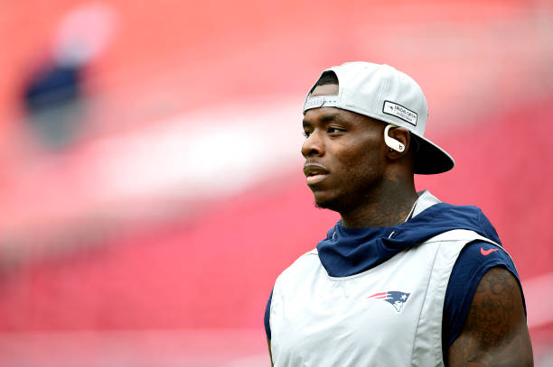 Josh Gordon of the New England Patriots warms up prior to the game against the Washington Redskins at FedExField on October 06, 2019 in Landover,...