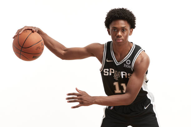Josh Primo of the San Antonio Spurs poses for a portrait during the 2021 NBA rookie photo shoot on August 14, 2021 in Las Vegas, Nevada.