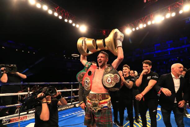 Josh Taylor celebrates victory over Regis Prograis during the World Boxing Super Series Super-Lightweight Ali Trophy Final at The O2 Arena on October...