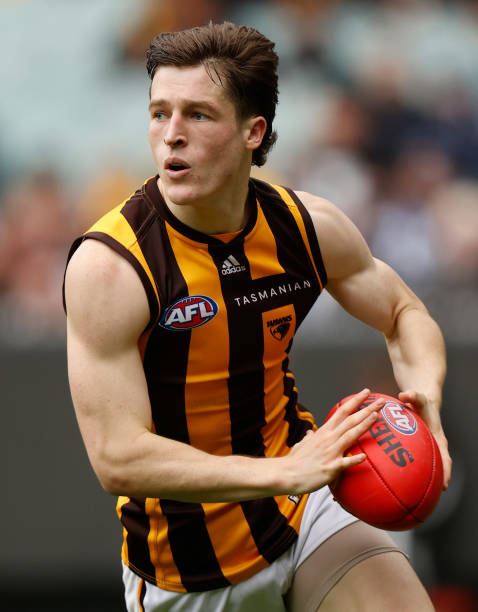 Josh Ward of the Hawks in action during the 2022 AFL Round 03 match between the Carlton Blues and the Hawthorn Hawks at the Melbourne Cricket Ground...