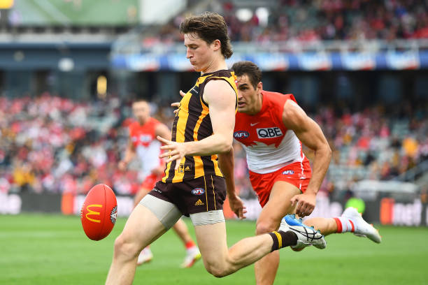 Josh Ward of the Hawks kicks the ball during the round six AFL match between the Hawthorn Hawks and the Sydney Swans at UTAS Stadium on April 25,...