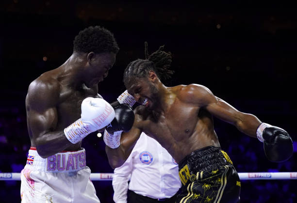 Joshua Buatsi and Craig Richards in the WBA Light-Heavyweight World Title Eliminator at The O2, London. Picture date: Saturday May 21, 2022.