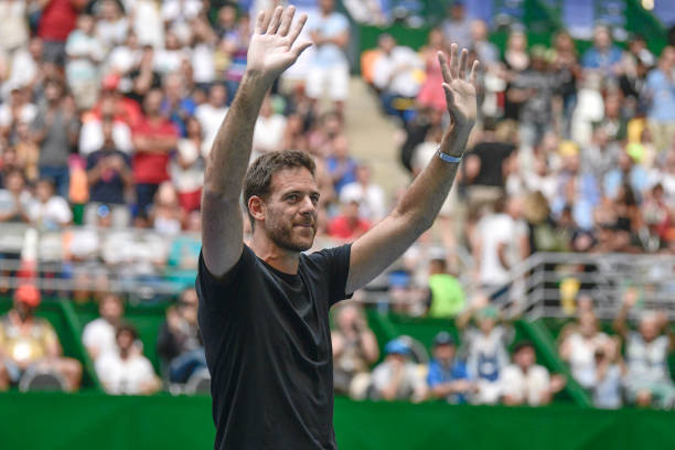 Juan Martin del Potro of Argentina greets the fans during an exhibition game between Alexander Zverev and Roger Federer at Parque Roca on November...