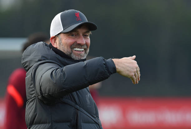 Jurgen Klopp manager of Liverpool during a training session at AXA Training Centre on December 24, 2021 in Kirkby, England.