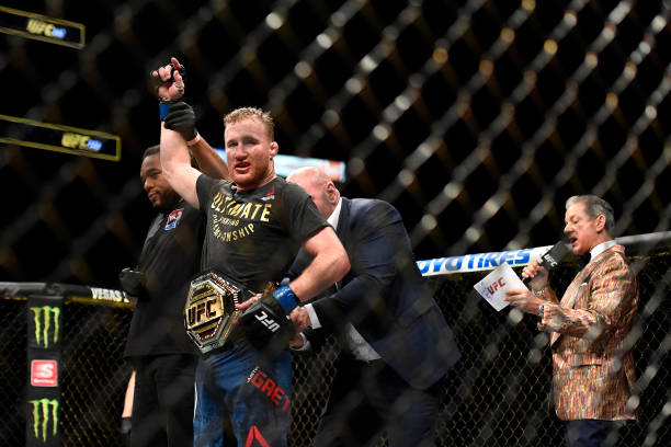 Justin Gaethje of the United States celebrates after defeating Tony Ferguson of the United States in their Interim lightweight title fight during UFC...