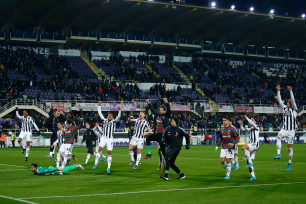 Juventus players celebrate after winning the Coppa Italia Semi Final 1st Leg match between ACF Fiorentina and Juventus FC at Stadio Artemio Franchi...