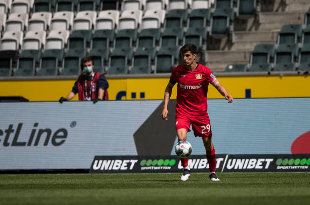 Kai Havertz of Bayer 04 Leverkusen in action during the Bundesliga match between Borussia Moenchengladbach and Bayer 04 Leverkusen at BorussiaPark on...