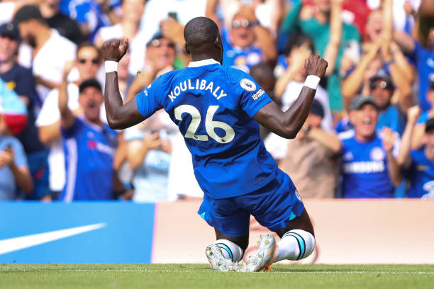 Kalidou Koulibaly of Chelsea celebrates scoring the first goal during the Premier League match between Chelsea FC and Tottenham Hotspur at Stamford...
