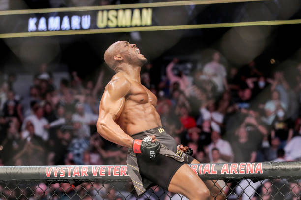 Kamaru Usman of Nigeria celebrates his victory over Jorge Masvidal of the United States during the Welterweight Title bout of UFC 261 at VyStar...