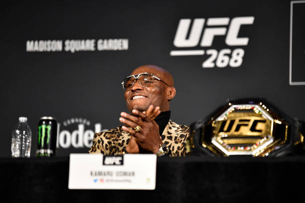 Kamaru Usman of Nigeria is seen on stage during the UFC 268 press conference at The Hulu Theater at Madison Square Garden on November 04, 2021 in New...