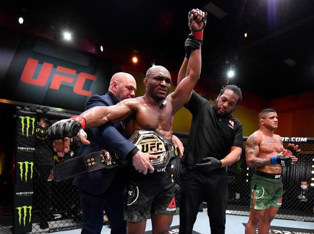 Kamaru Usman of Nigeria reacts after his victory over Gilbert Burns of Brazil in their UFC welterweight championship fight during the UFC 258 event...