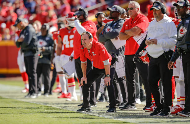 Kansas City Chiefs defensive coordinator Steve Spagnuolo watches the Houston Texans offense in the third quarter at Arrowhead Stadium on October 13,...