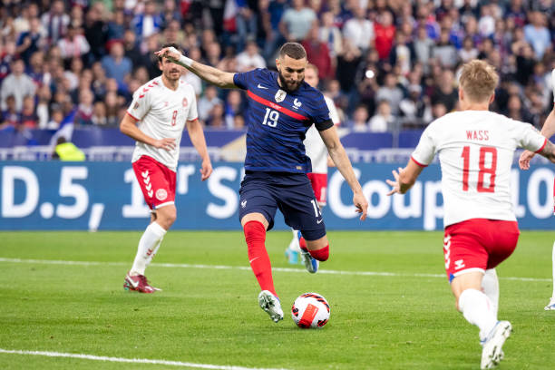 Karim Benzema of France shoots the ball and scores during the UEFA Nations League League A Group 1 match between France and Denmark at Stade de...