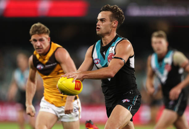 Karl Amon of the Power during the 2022 AFL Round 02 match between the Port Adelaide Power and the Hawthorn Hawks at Adelaide Oval on March 26, 2022...