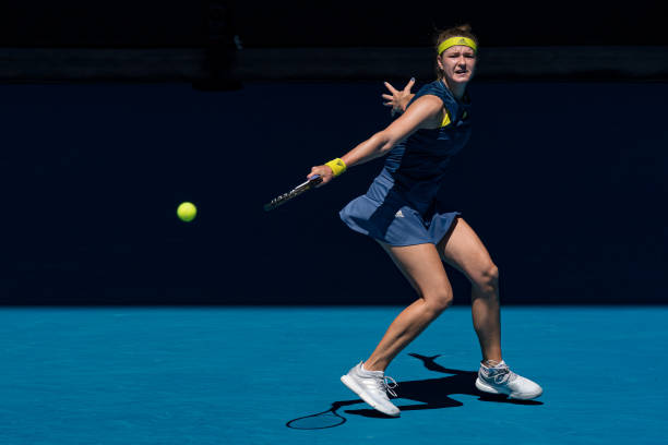 Karolina Muchova of the Czech Republic plays a backhand in her Women’s Singles Quarterfinals match against Ashleigh Barty of Australia during day 10...