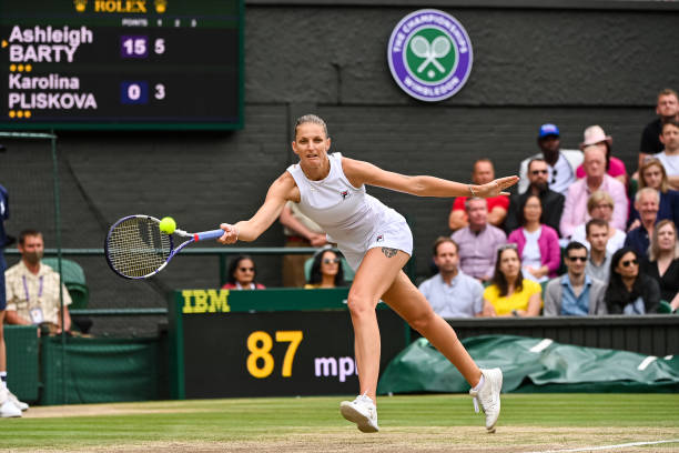 Karolina Pliskova of the Czech Republic hits a forehand against Ashleigh Barty of Australia in the final of the ladies singles during Day Twelve of...