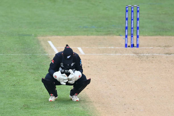 Katey Martin of New Zealand looks on in disappointment after the 2022 ICC Women's Cricket World Cup match between New Zealand and England at Eden...