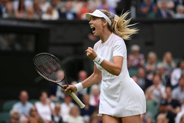 Katie Boulter of Great Britain celebrates a point against Karolina Pliskova of Czech Republic during their Women's Singles Second Round match on day...