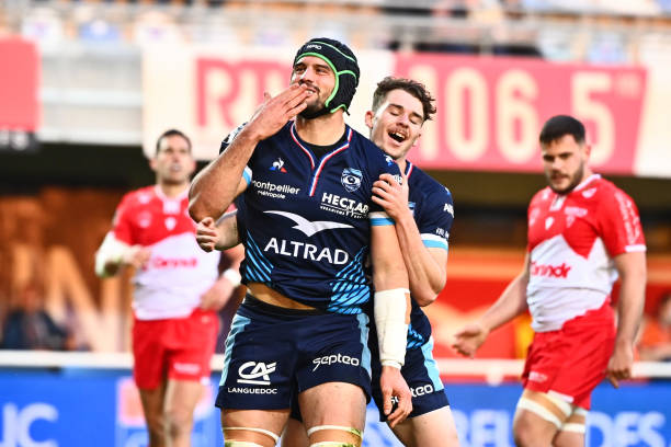 Kelian GALLETIER of Montpellier celebrates his try during the Top 14 match between Montpellier and Biarritz at GGL Stadium on March 26, 2022 in Montpellier, France. (Photo by Alexandre Dimou/Icon Sport via Getty Images)