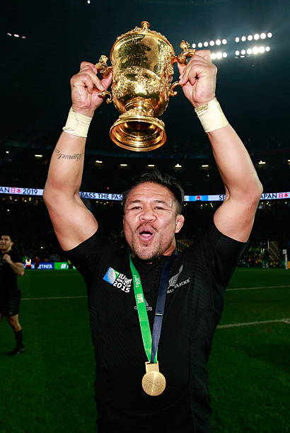 LONDON, ENGLAND - OCTOBER 31: Keven Mealamu of New Zealand celebrates with the Webb Ellis Cup after victory in the 2015 Rugby World Cup Final match between New Zealand and Australia at Twickenham Stadium on October 31, 2015 in London, United Kingdom. (Photo by Phil Walter/Getty Images)