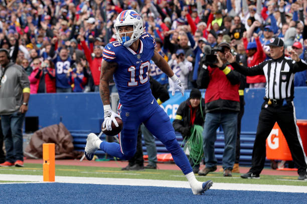 Khalil Shakir of the Buffalo Bills scores a touchdown against the Pittsburgh Steelers during the second quarter at Highmark Stadium on October 09,...