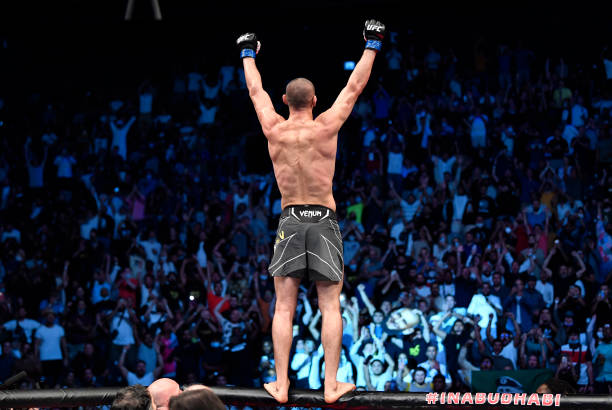 Khamzat Chimaev of Sweden reacts after his victory over Li Jingliang of China in a welterweight fight during the UFC 267 event at Etihad Arena on...