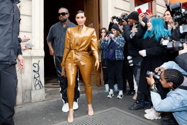 Kim Kardashian and Kanye West at the Theatre des Bouffes du Nord to attend Kanye West's Sunday Service on March 01, 2020 in Paris, France.
